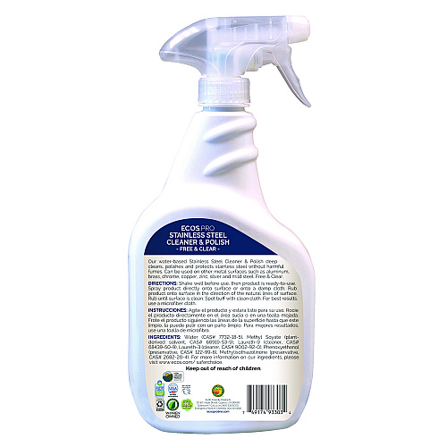 ECOS PRO Stainless Steel Cleaner and Polish, Free and Clear Scent, 32 oz Spray Bottle, 6/Carton (PL93306CT)