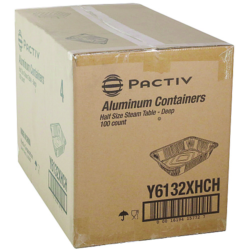 Pactiv Aluminum Steam Table Pan, Heavy Duty Deep Half-Size, 2.6" Deep, 11.8 x 9.4, 100/Carton (Y6132XHCH)