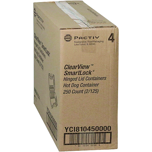 Pactiv Hinged Lid Hot Dog Container, 6.5 x 2.25 x 2.75, Clear, Plastic, 250/Carton (YCI810450000)
