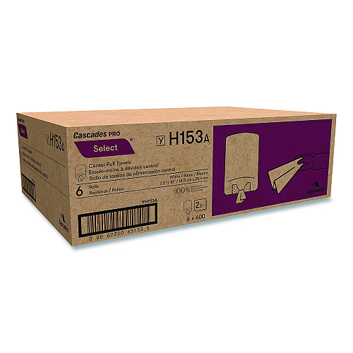 Cascades Select Center-Pull Paper Towels, 2-Ply, 7.3" x 10", White, 600/Roll, 6 Rolls/Carton (H153)