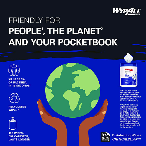 WypAll Hydrogen Peroxide Disinfecting Wipes, 1-Ply, 7 x 5.75, Fresh Scent, White, 185 Wipes/Canister (54481EA)