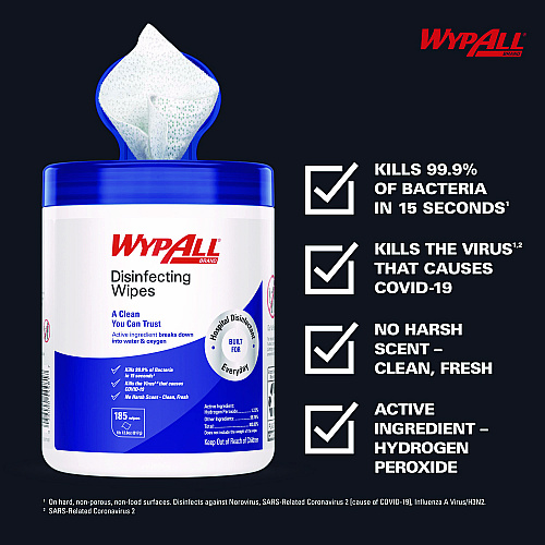 WypAll Hydrogen Peroxide Disinfecting Wipes, 1-Ply, 7 x 5.75, Fresh Scent, White, 185 Wipes/Canister (54481EA)