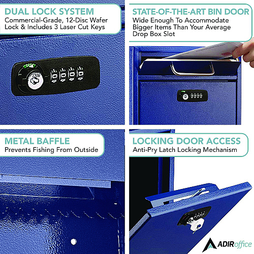 AdirOffice Large Secure Drop Box Wall Mounted Locking Mail Box with Key and Combination lock, 11.2 x 4.7 x 16.2, Blue (I63104BLUKC)