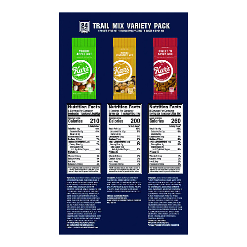 Kar's Trail Mix Variety Pack, Mango Pineapple/Sweet 'N Spicy/Yogurt Apple Nut, 24 Packets/Box (SN08361)