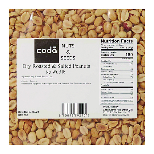 Mountain Manufacturing Dry Roasted and Salted Peanuts, Unshelled, 80 oz Bag, 4/Carton (CDA79290)