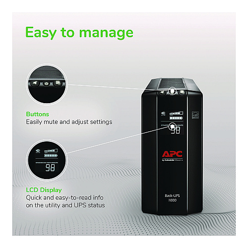 APC Back-UPS Pro Compact Tower LCD Battery Backup and Surge Protector with USB, 1,000 VA, 8 Outlets, 1,103 J (2724587)