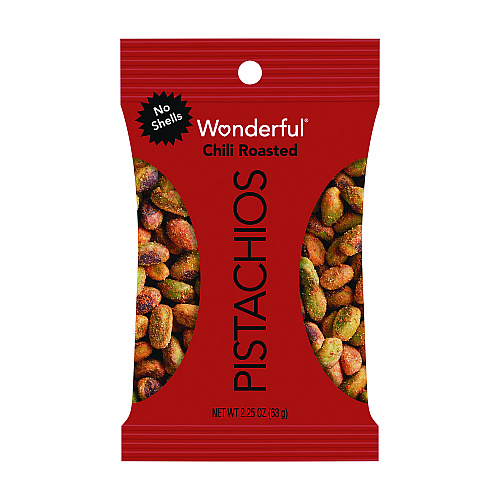 Wonderful No Shells, Chili Roasted Pistachios, 2.25 oz Packet, 8 Packets/Box, 3 Boxes/Carton (PAR91087)