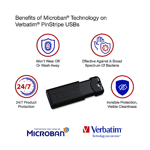 Verbatim PinStripe USB 3.2 Flash Drive, 256 GB, Black (49320)