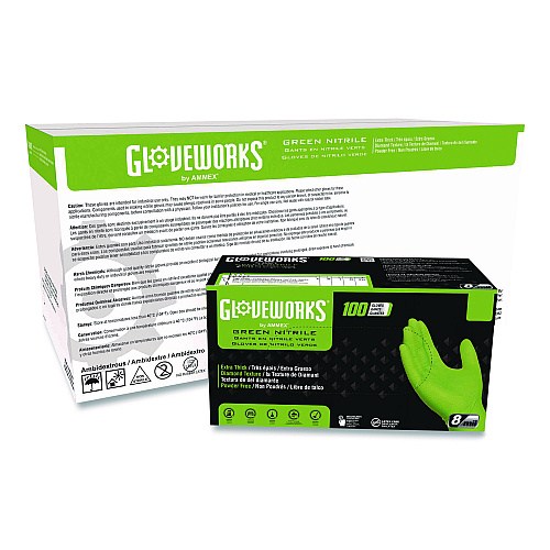 GloveWorks by AMMEX Heavy-Duty Industrial Nitrile Gloves, Powder-Free, XX-Large, 8 mil Thick, 9.5" Long, Green, 100/Box, 10 Boxes/Carton (GWGN49100CT)