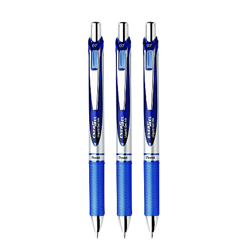 Pentel EnerGel RTX Gel Pen, Retractable, Medium 0.7 mm, Blue Ink, Blue/Silver Barrel, 3/Pack (BL77BP3C)