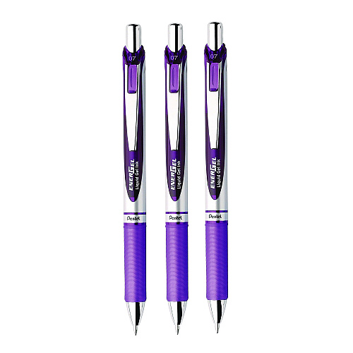 Pentel EnerGel RTX Deluxe Gel Pen, Retractable, Medium 0.7 mm, Purple Ink, Purple/Silver Barrel, 3/Pack (BL77BP3V)