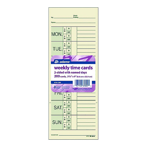 Adams Time Cards for Pyramid 1000 Time Clock, Two Sides, 3.38" x 9", 200/Pack (9791200)