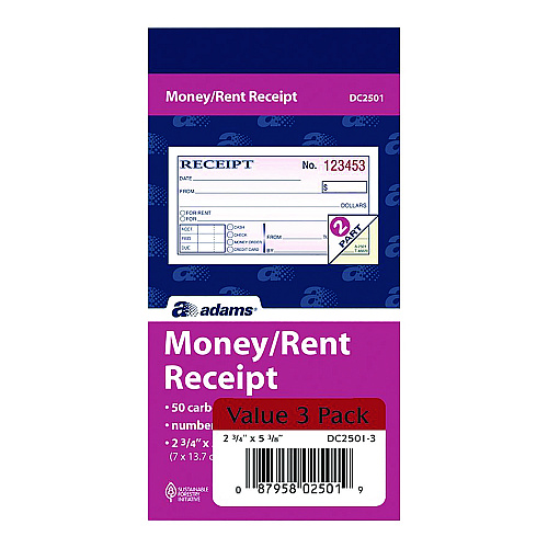Adams Money/Rent Receipt Book, Two-Part Carbonless, 4.88 x 2.75, 50 Receipts/Book, 3 Books/Pack (DC25013)