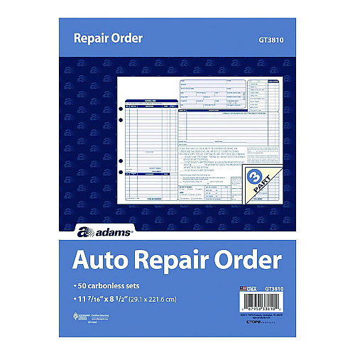 Adams Multipart Auto Repair Work Order Forms with Checklist for Routine Jobs, Three-Part Carbonless, 10.94 x 8.5, 50 Forms Total (GT3810)