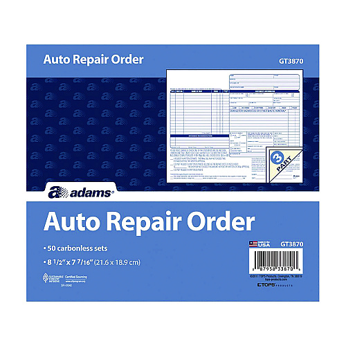 Adams Multipart Auto Repair Work Order Forms, Three-Part Carbonless, 8.5 x 6.94, 50 Forms Total (GT3870)