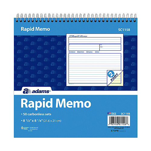 Adams Rapid Memo Pad, Two-Part Carbonless, 8.5 x 7.75, 50 Forms Total (SC1158)