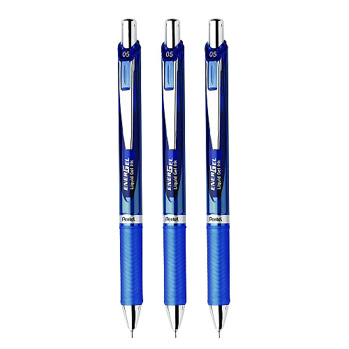 Pentel EnerGel RTX Deluxe Gel Pen, Retractable, Fine 0.5 mm, Blue Ink, Blue/Silver Barrel, 3/Pack (BLN75BP3C)