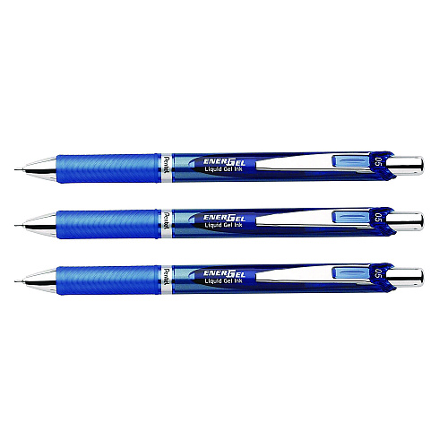 Pentel EnerGel RTX Deluxe Gel Pen, Retractable, Fine 0.5 mm, Blue Ink, Blue/Silver Barrel, 3/Pack (BLN75BP3C)