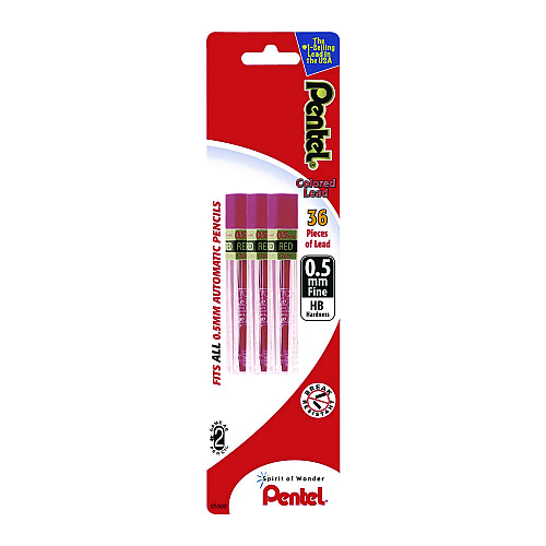 Pentel Colored Lead Refill, 0.5 mm, HB, Red, 12 Leads/Tube, 3 Tubes (PPR5)