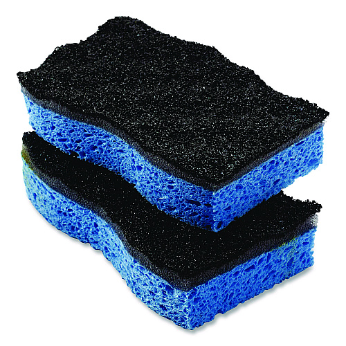 O-Cedar Scrunge Heavy-Duty Sponge, 2.63" x 4.25", 1" Thick, Black/Blue, 2/Pack, 8 Packs/Carton (148377CT)