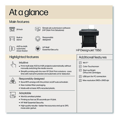 HP DesignJet T650 24" Printer with Two-Year Warranty (5HB08T)