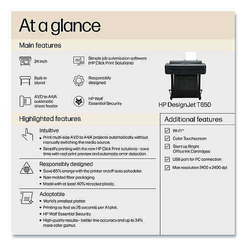 HP DesignJet T650 24" Printer with One-Year Warranty (5HB08W)