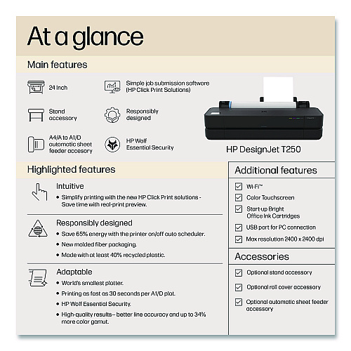 HP DesignJet T250 24" Large-Format Compact Wireless Plotter Printer (5HB06T)