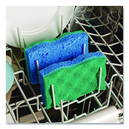 O-Cedar Scrunge Non-Scratch Scrub Sponge, 2.63" x 4.25", 1" Thick, Green/Blue, 2/Pack, 8 Packs/Carton (169431CT)
