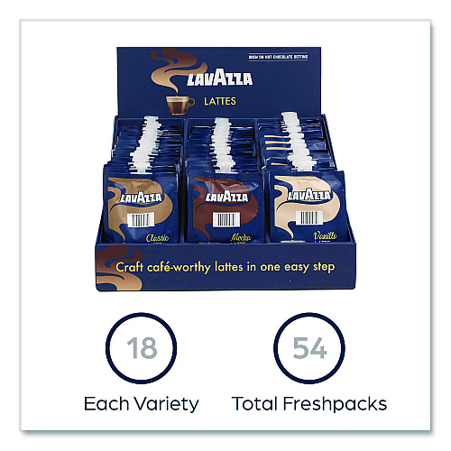 Lavazza Latte Merchandiser Kit, Classic/Mocha/Vanilla Freshpacks, 54/Carton (48728)