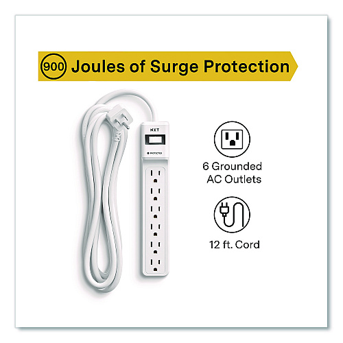 NXT Technologies 6-Outlet Surge Protector, 6 AC Outlets, 12 ft Cord, 900 J, White (NX61425)