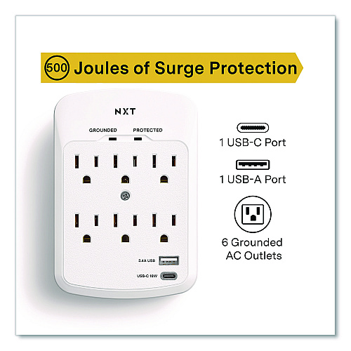 NXT Technologies 6-Outlet Plus USB Outlet Surge Protector, 6 AC Outlets/2 USB Ports, 900 J, White (NX61427)
