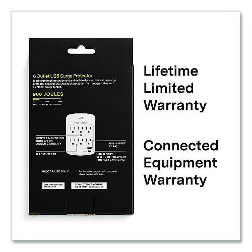 NXT Technologies 6-Outlet Plus USB Outlet Surge Protector, 6 AC Outlets/2 USB Ports, 900 J, White (NX61427)