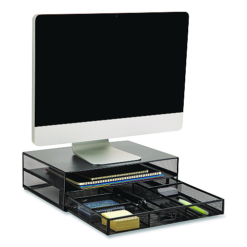 Mind Reader Multi-Tier Monitor Stand with 25-Piece Office Supplies Starter Pack, 15.75" x 11.75" x 4.5", Black, Supports 30 lb (MONSETBLK)