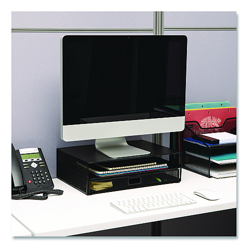 Mind Reader Multi-Tier Monitor Stand with 25-Piece Office Supplies Starter Pack, 15.75" x 11.75" x 4.5", Black, Supports 30 lb (MONSETBLK)