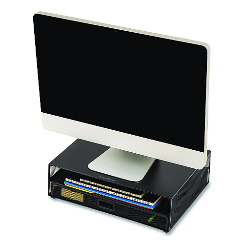 Mind Reader Multi-Tier Monitor Stand with 25-Piece Office Supplies Starter Pack, 15.75" x 11.75" x 4.5", Black, Supports 30 lb (MONSETBLK)