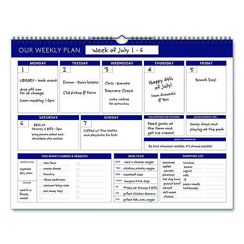 Global Printed Products Weekly Family Planner, 17 x 13, White/Blue Sheets, 52 Weeks: Undated (SPLS0079)