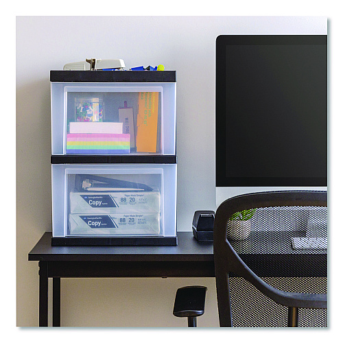 Iris 2-Compartment Desktop Stackable Storage Drawer, 12.17 x 14.33 x 16.77, Black/Translucent White (116352)