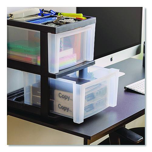 Iris 2-Compartment Desktop Stackable Storage Drawer, 12.17 x 14.33 x 16.77, Black/Translucent White (116352)