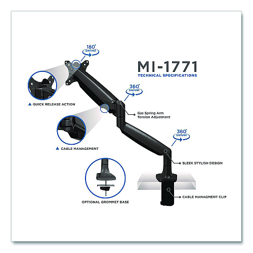 MOUNT-IT! Single Monitor Gas-Spring Mounting Arm, For 13" to 32" Monitors, 360 Degree Rotation, +/-45 Degree Tilt, Black, Supports 20lb (MI1771BLACK)