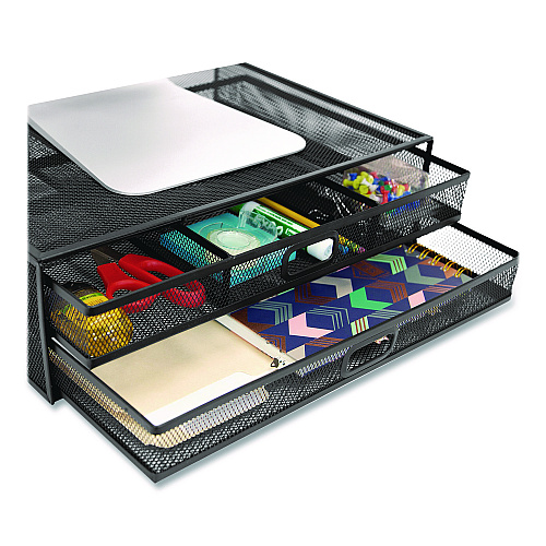 MOUNT-IT! Metal Mesh Monitor Stand with Storage Drawers, For Up to 32" Monitors, 15.8" x 11.8" x 4.7", Black, Supports 30 lb (MI7365)