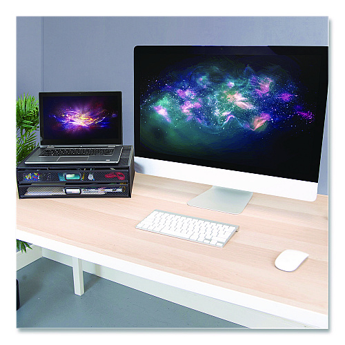 MOUNT-IT! Metal Mesh Monitor Stand with Storage Drawers, For Up to 32" Monitors, 15.8" x 11.8" x 4.7", Black, Supports 30 lb (MI7365)