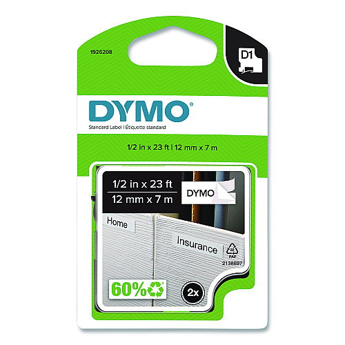 DYMO D1 Standard Labels, 0.5" x 23 ft, Black Print on White Tape, 2/Pack (1926208)