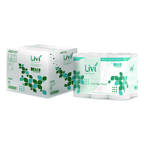 Livi Ultra Premium Kitchen Roll Towel, 2-Ply, 5" x 11", White, 6 Rolls/Pack, 4 Packs/Carton (492101)