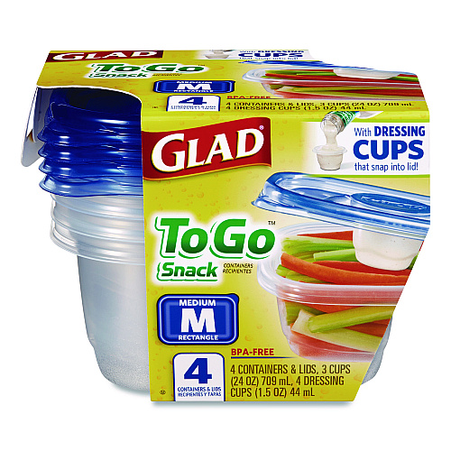 Glad To Go Lunch Containers, 2 Compartments, 32 oz, Plastic, 4/Pack (134347)