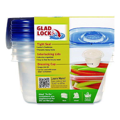 Glad To Go Lunch Containers, 2 Compartments, 32 oz, Plastic, 4/Pack (134347)