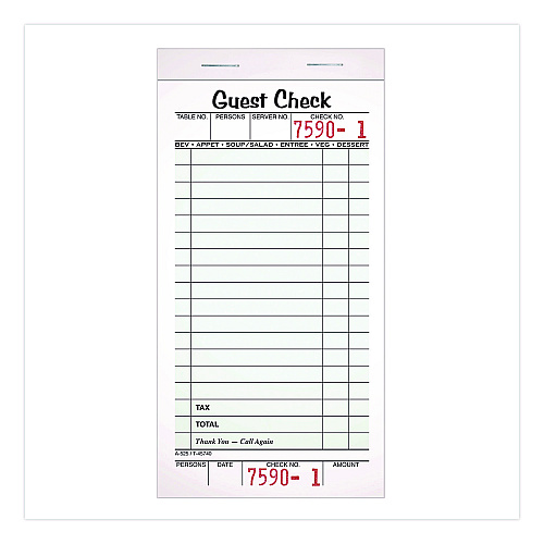Adams One-Part Guest Check Pad with Perforated Stub, One-Part (No Copies), 3.4 x 6.25, 50 Forms/Pad, 10 Pads/Pack (525SW)