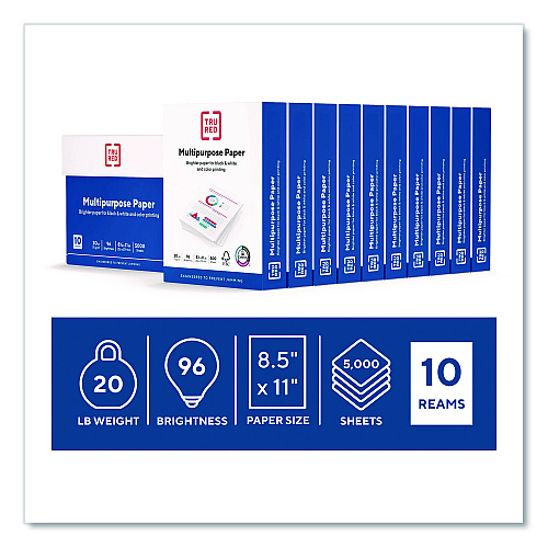 TRU RED Multipurpose Paper with ColorLok Technology, 96 Bright, 20 lb Bond Weight, 8.5 x 11, White, 500 Sheets/Ream, 10 Reams/Carton (513096TR5696)