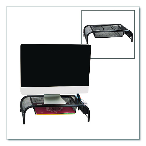 Mind Reader Metal Mesh Monitor Stand with Paper Tray, 20" x 11.5" x 5.5", Black, Supports 33 lb, 2/Pack (2MESHMONBLK)