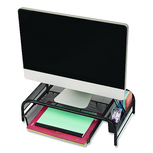 Mind Reader Metal Mesh Monitor Stand with Paper Tray, 20" x 11.5" x 5.5", Black, Supports 33 lb, 2/Pack (2MESHMONBLK)