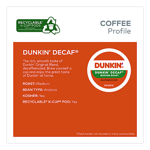 Dunkin Donuts K-Cups, Dunkin' Decaf, 0.37 oz, 22/Box, 4 Boxes/Carton (400846)